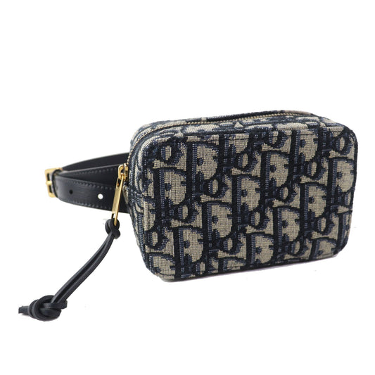 Christian Dior Waist Bag Main: Canvas, Part: Leather Navy Beige Oblique Women Used Authentic