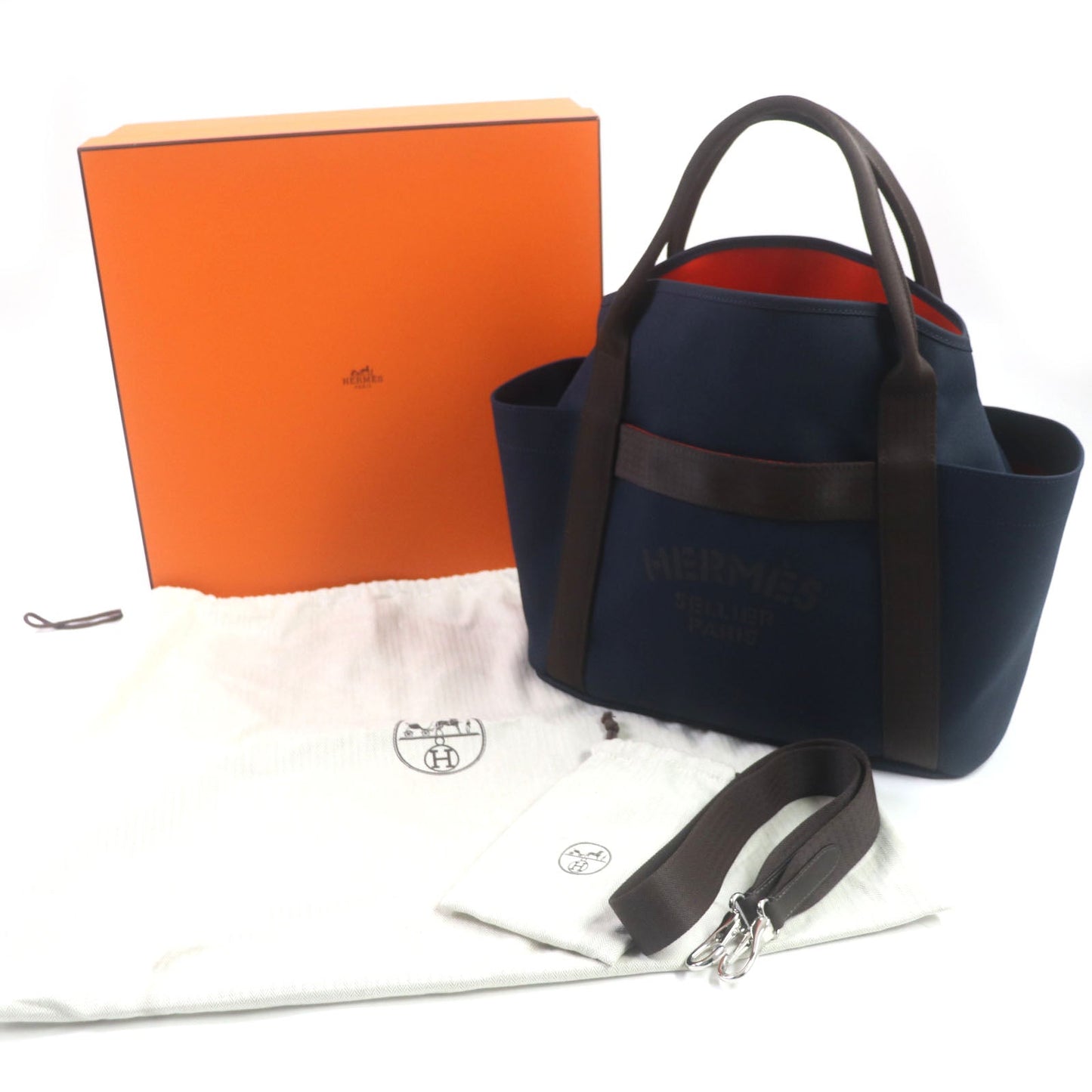 Hermes Tote Bag Main: 62% Polyamide, 26% Cotton, 12% Polyurethane Blue Navy/Feu Sucked Pansage Groom Mens Used Authentic