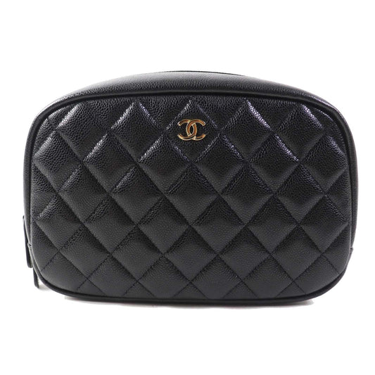 Chanel Pouch A80910 Caviar Skin Black Matrasse Women Used Authentic