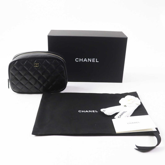 Chanel Pouch A80910 Caviar Skin Black Matrasse Women Used Authentic