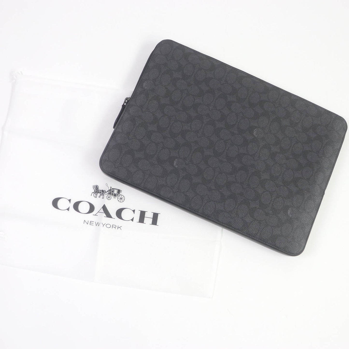 Coach Clutch Bag Cj799 Signature Canvas, Leather Charcoal Zip Around Laptop Case Mens Used Authentic