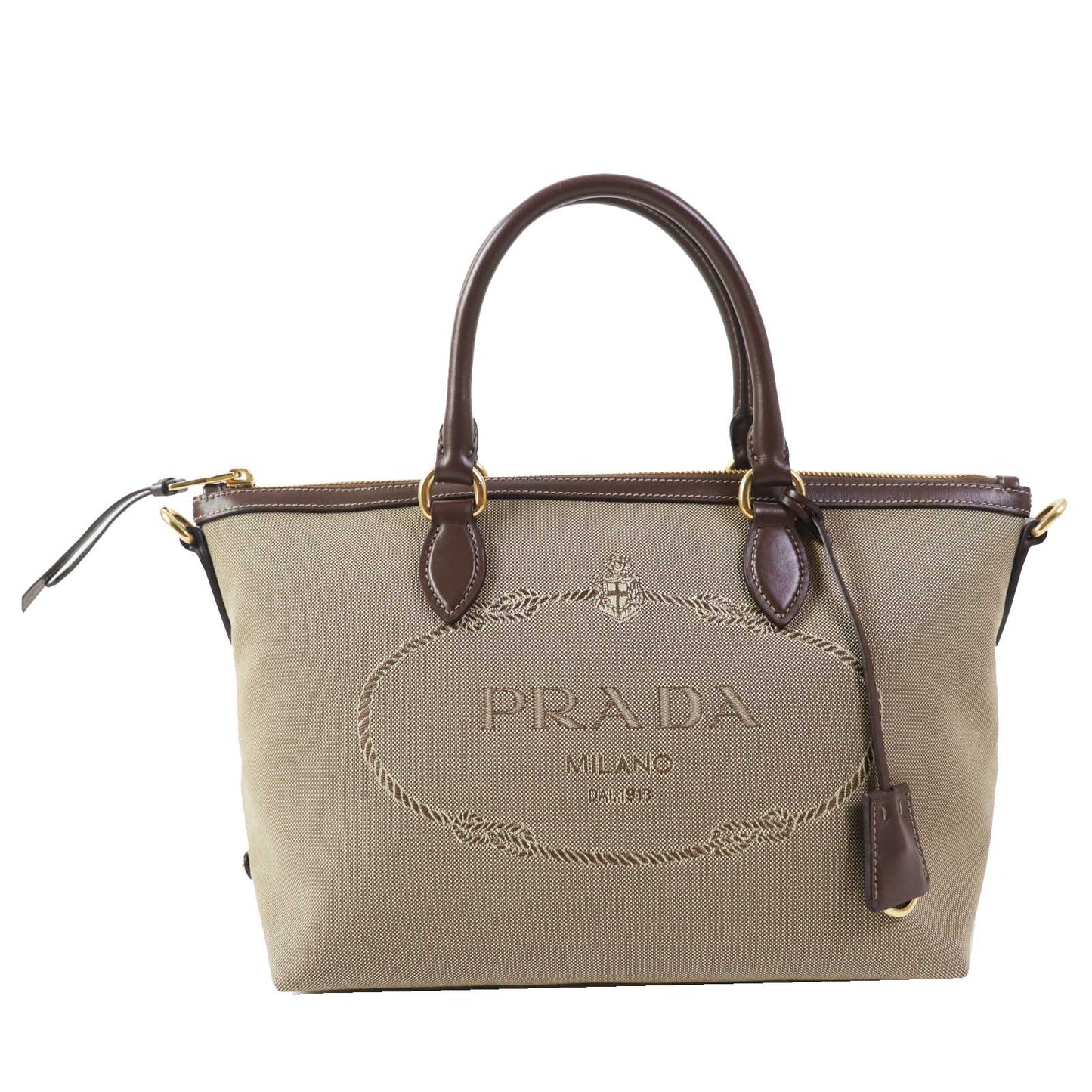 Prada Handbag 1 Ba104 Leather Canvas Beige Brown, Corda Bruciato Logo Jacquard Women Used Authentic