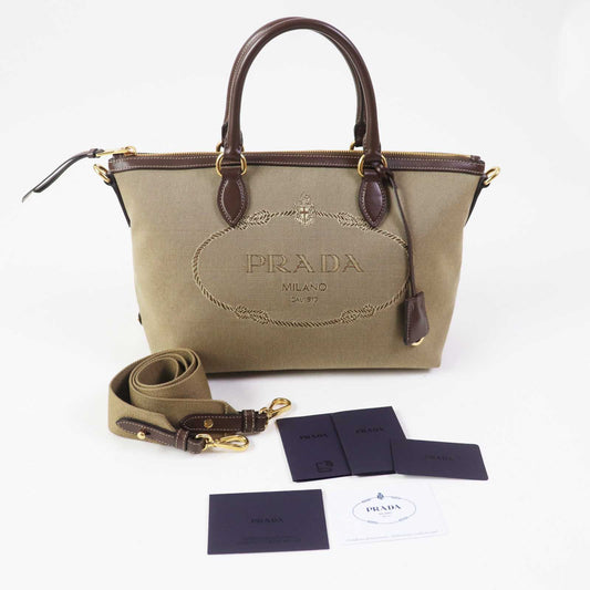 Prada Handbag 1 Ba104 Leather Canvas Beige Brown, Corda Bruciato Logo Jacquard Women Used Authentic