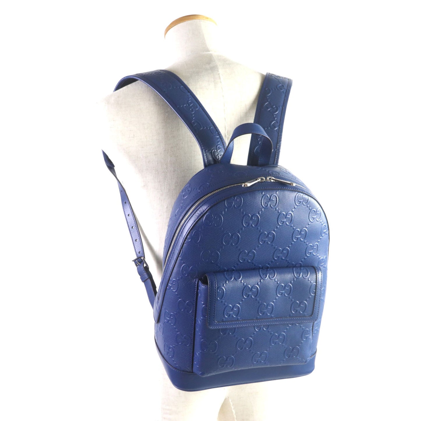 Gucci Backpack 658579 Main: Leather Blue Gg Emboss Mens Used Authentic