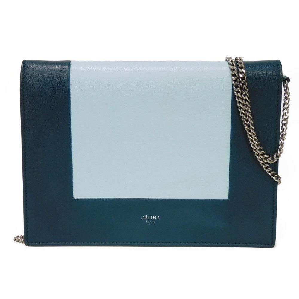 Celine Shoulder Bag 107773 Smooth Lambskin Light Blue X Dark Green Chain Shoulder Bag 2 Way Clutch Bag Old Logo Frame Evening Chain Wallet Women Used Authentic