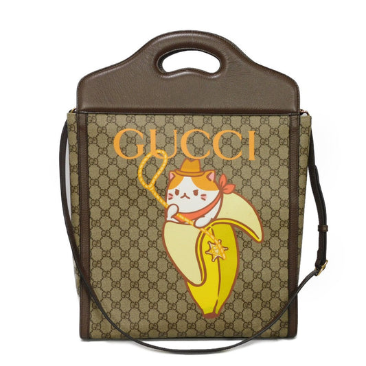 Gucci Handbag 703793 Gg Supreme Canvas (Polyurethane Finish) X Calf Leather Beige Logo Banana Cat Cowboy 2 Way Shoulder Bag Gg Supreme Bananya Tote Bag Women(unisex) Used Authentic