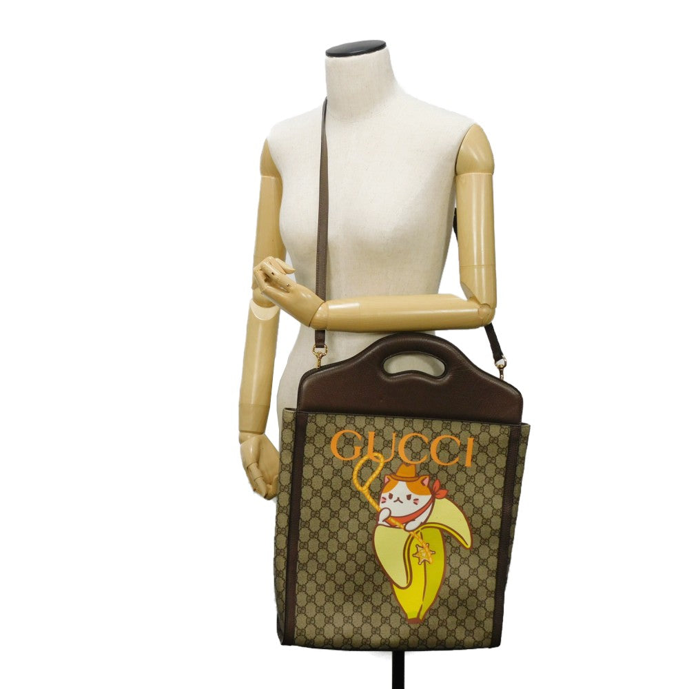 Gucci Handbag 703793 Gg Supreme Canvas (Polyurethane Finish) X Calf Leather Beige Logo Banana Cat Cowboy 2 Way Shoulder Bag Gg Supreme Bananya Tote Bag Women(unisex) Used Authentic