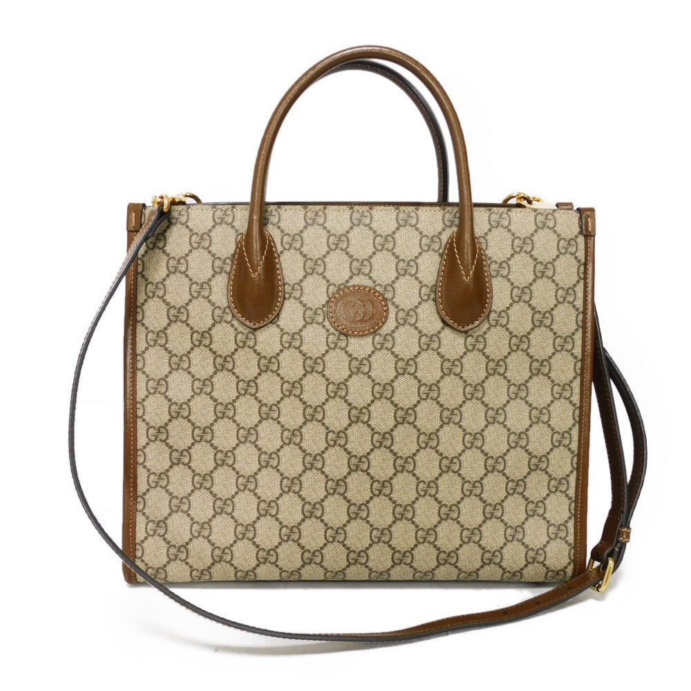 Gucci Handbag 659983 Uulbt 9683 Supreme Canvas (Polyurethane Processing) X Calfskin Leather Beige Current Interlocking G 2 Way Shoulder Bag Gg Supreme Small Tote Bag Women Used Authentic