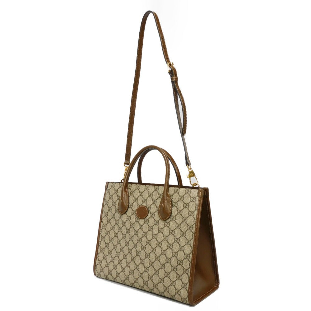 Gucci Handbag 659983 Uulbt 9683 Supreme Canvas (Polyurethane Processing) X Calfskin Leather Beige Current Interlocking G 2 Way Shoulder Bag Gg Supreme Small Tote Bag Women Used Authentic