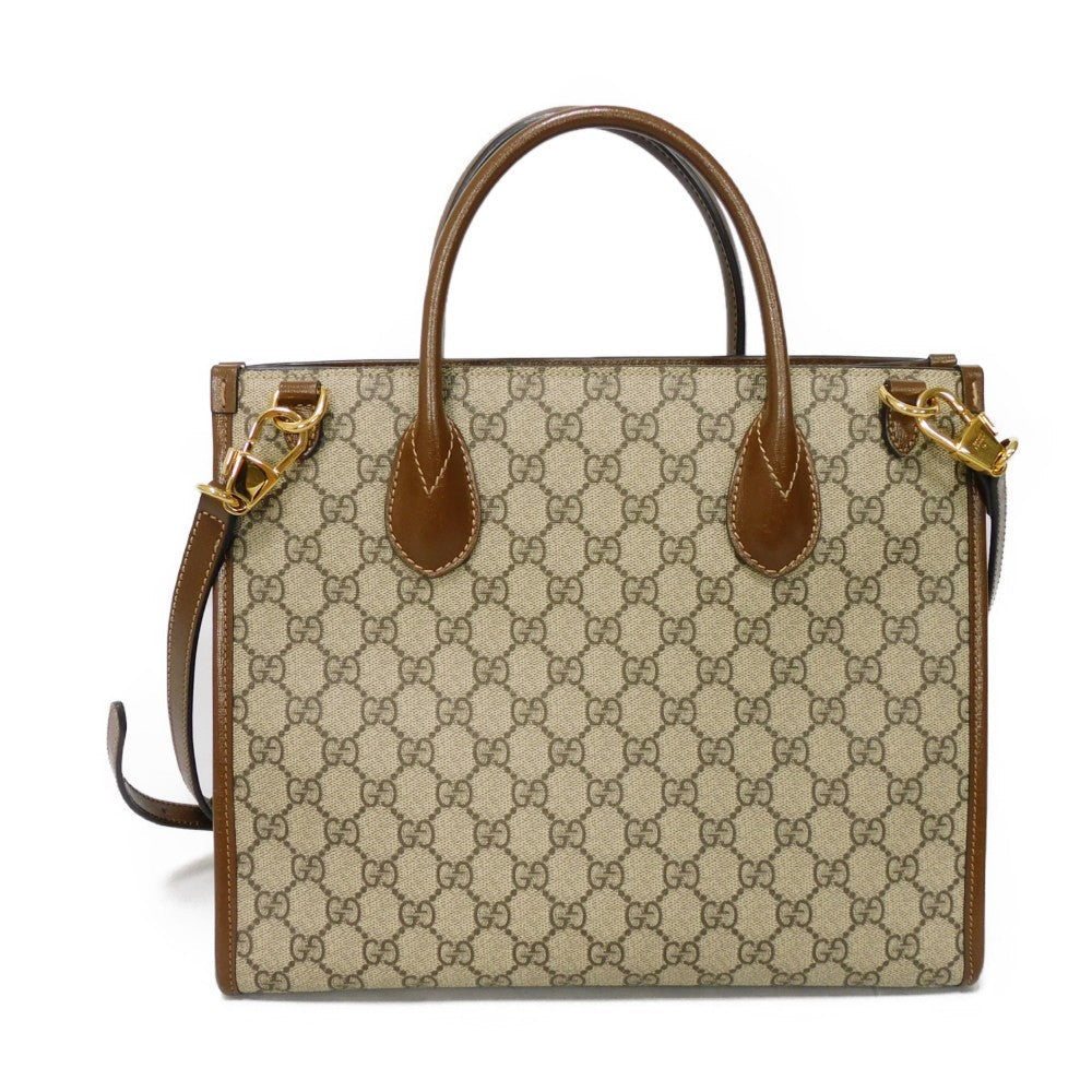 Gucci Handbag 659983 Uulbt 9683 Supreme Canvas (Polyurethane Processing) X Calfskin Leather Beige Current Interlocking G 2 Way Shoulder Bag Gg Supreme Small Tote Bag Women Used Authentic