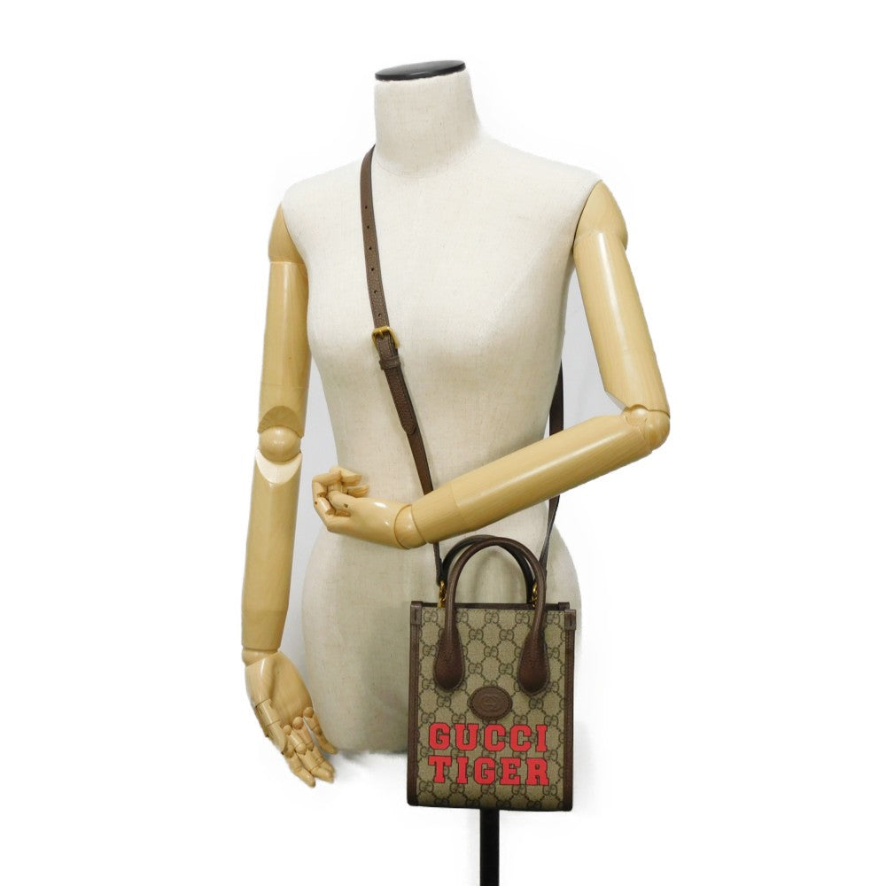 Gucci Tote Bag 671623 Us7 Ec 9396 Gg Supreme Canvas (Polyurethane Processing) X Calfskin Leather Beige Web Stripe 2 Way Shoulder Bag Gg Supreme Tiger Gg Mini Tote Women Used Authentic