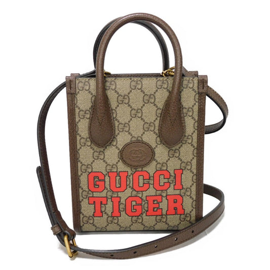 Gucci Tote Bag 671623 Us7 Ec 9396 Gg Supreme Canvas (Polyurethane Processing) X Calfskin Leather Beige Web Stripe 2 Way Shoulder Bag Gg Supreme Tiger Gg Mini Tote Women Used Authentic