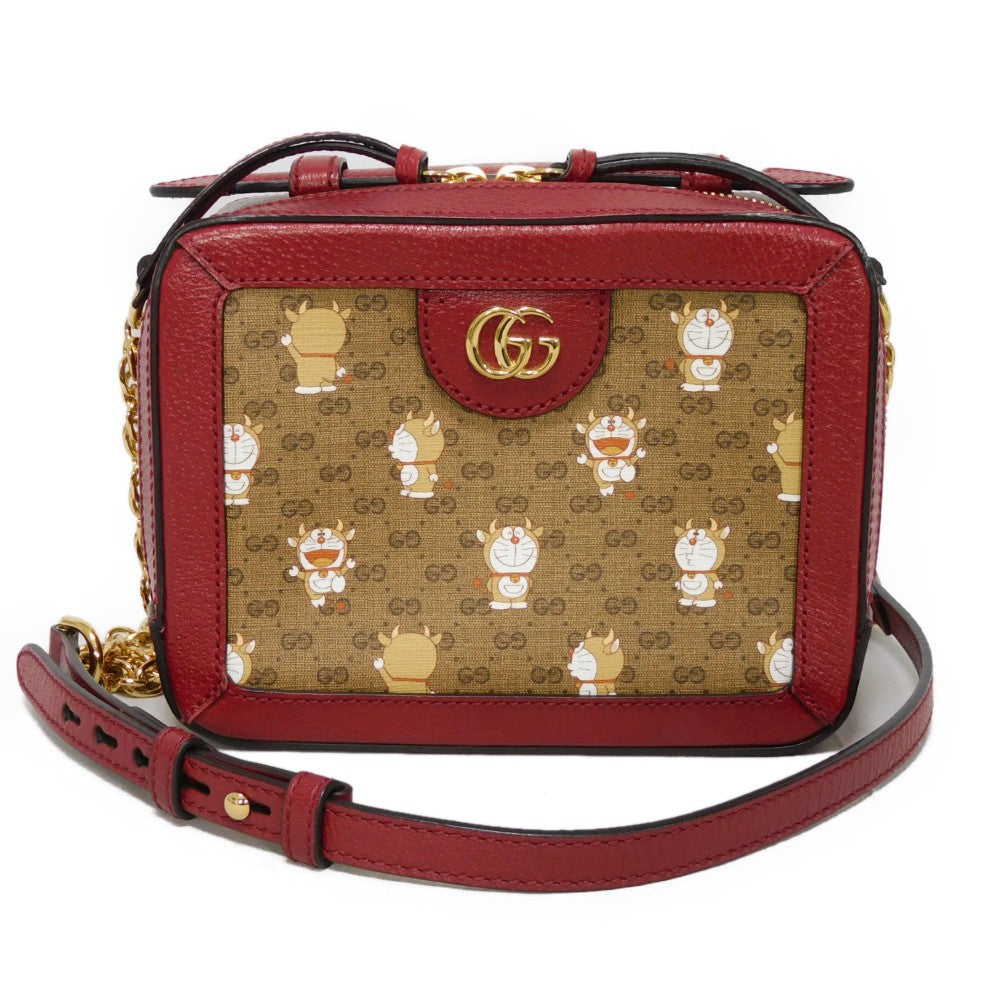 Gucci Shoulder Bag 655596 2 Tvag 9795 Gg Mini Supreme Canvas And Calf Leather Brown X Red Fujiko Fujio Doraemon 2 Way Handbag Mini Gg Supreme Chain Shoulder Bag Women Used Authentic