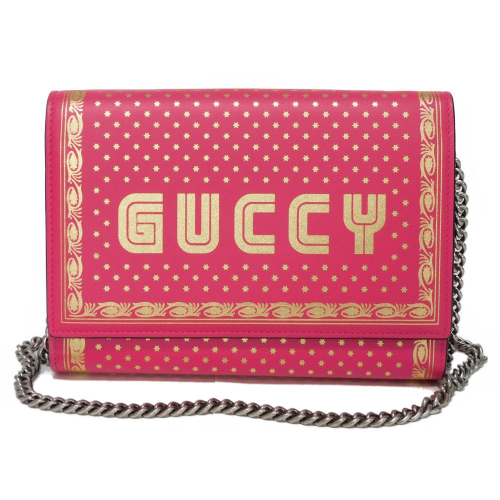 Gucci Shoulder Bag 524967 Smooth Calfskin Leather Pink Star 2 Way Clutch Bag Sega Sega Logo Guccy Print Chain Wallet Bag Women Used Authentic