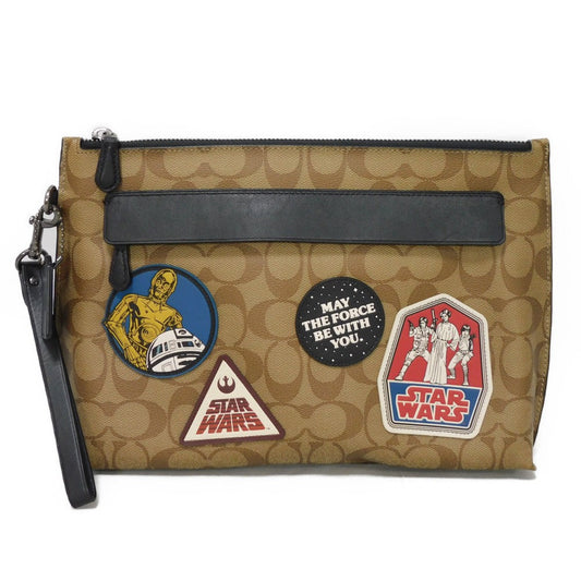 Coach Clutch Bag F88114 Signature Canvas (Pvc Coating) Beige Embossed Patch Black Multi Handle Strap Signature Star Wars Pouch Mens Used Authentic