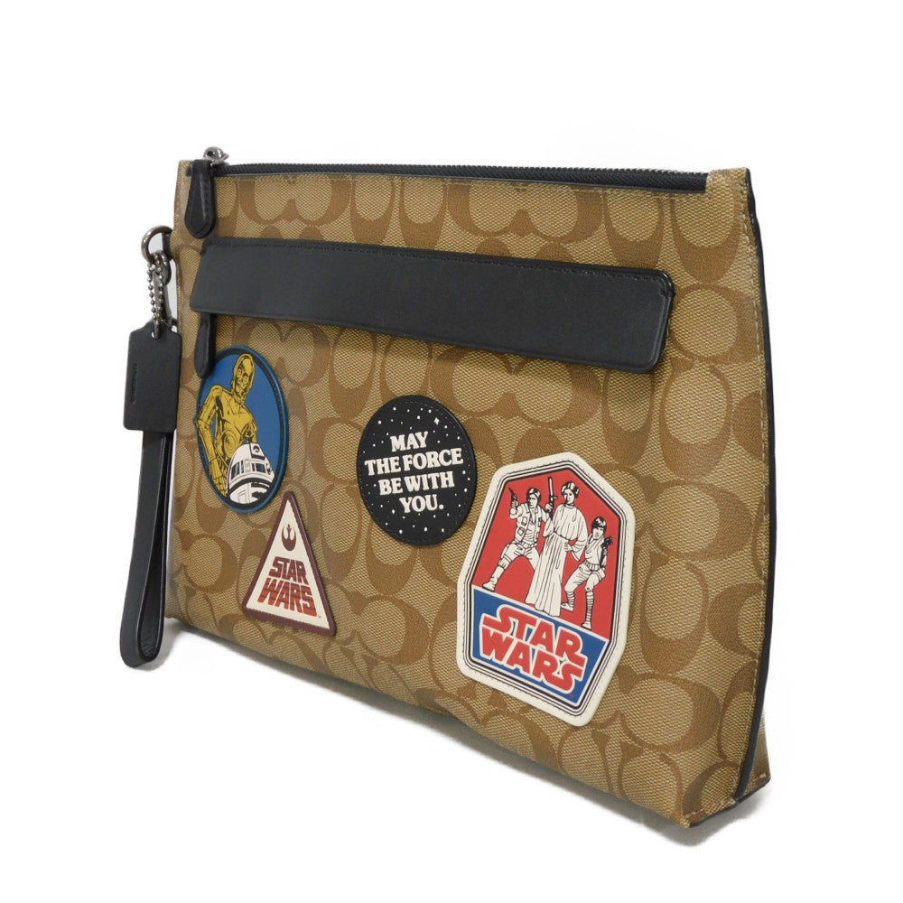 Coach Clutch Bag F88114 Signature Canvas (Pvc Coating) Beige Embossed Patch Black Multi Handle Strap Signature Star Wars Pouch Mens Used Authentic