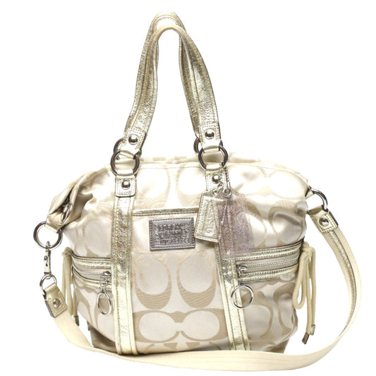 Coach Tote Bag 13843 Leather Beige X Gold Shoulder Bag Signature Poppy Satin Spotlight Women Used Authentic