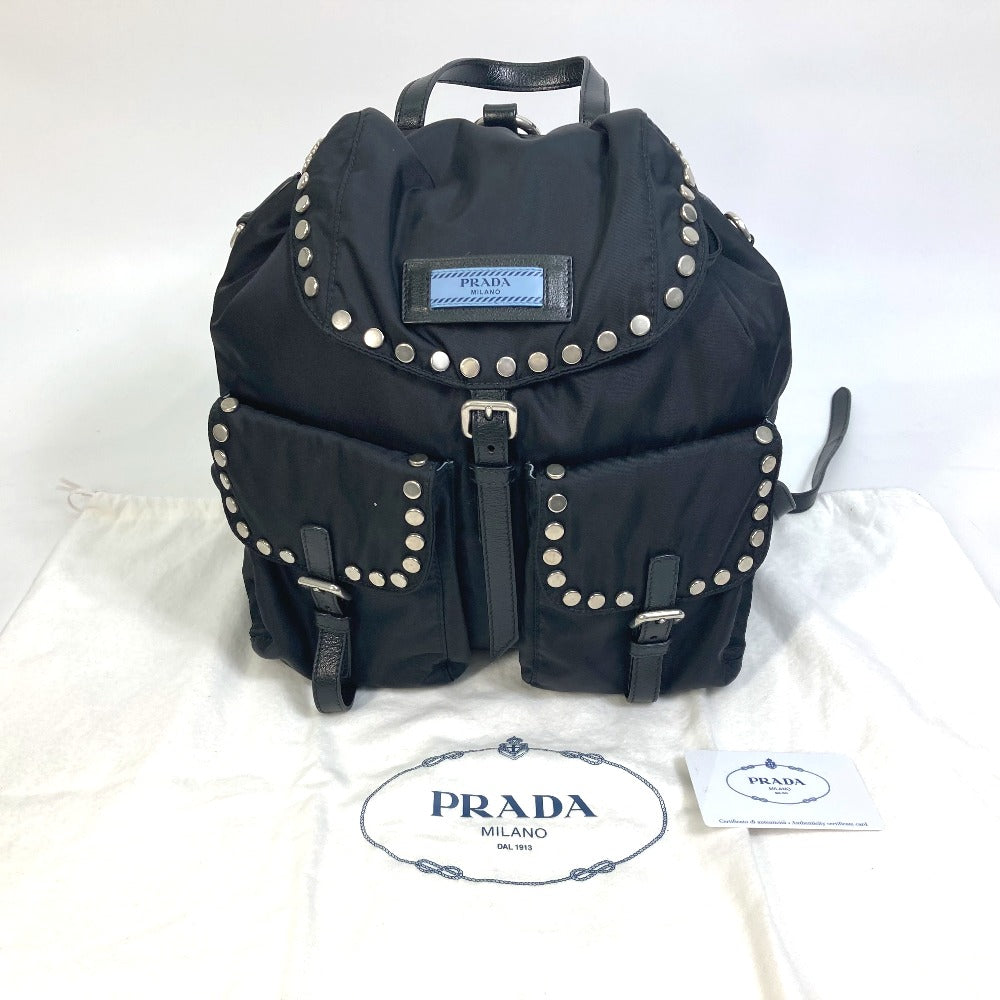 Prada Backpack 1 Bz811 Nylon Black Logo Studs Mens Secondhand Authentic