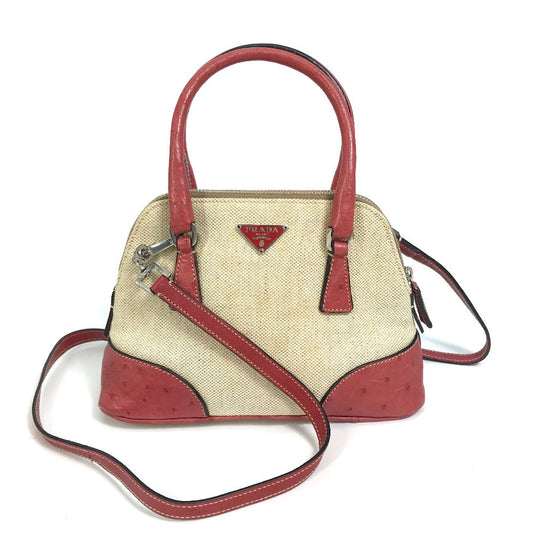 Prada Handbag Bn0115 Canvas Beige Typex Red Canapa+Struzz Mini Bag Women Used Authentic