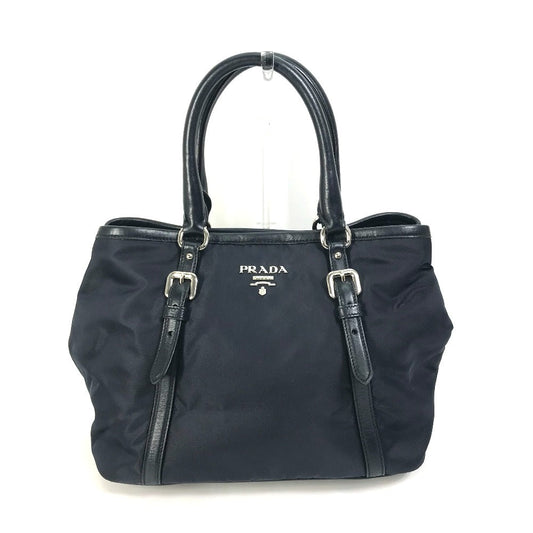 Prada Handbag Bn1841 Nylon / Leather Navy Logo Women Used Authentic