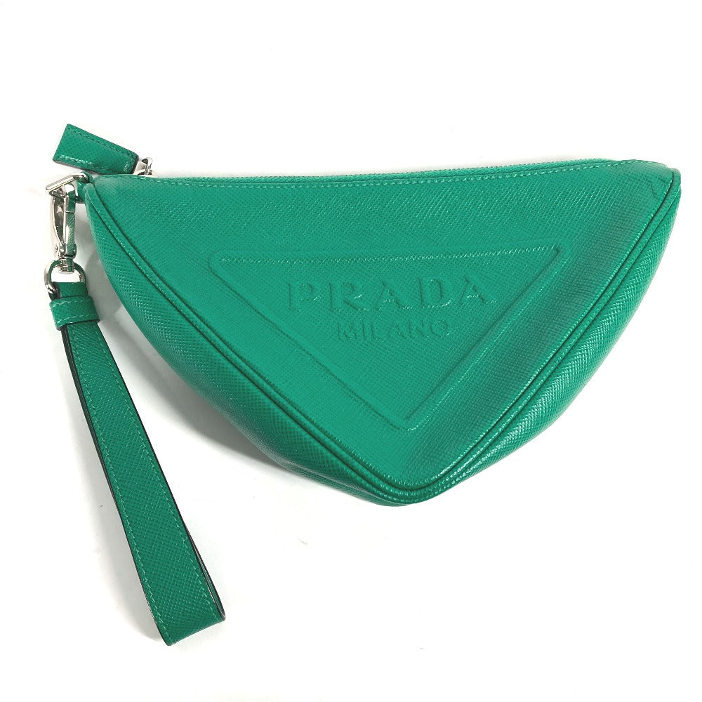 Prada Clutch Bag 2 Ne054 Safiano Leather Green Embossed Logo Triangle Logo Plate Mens Used Authentic