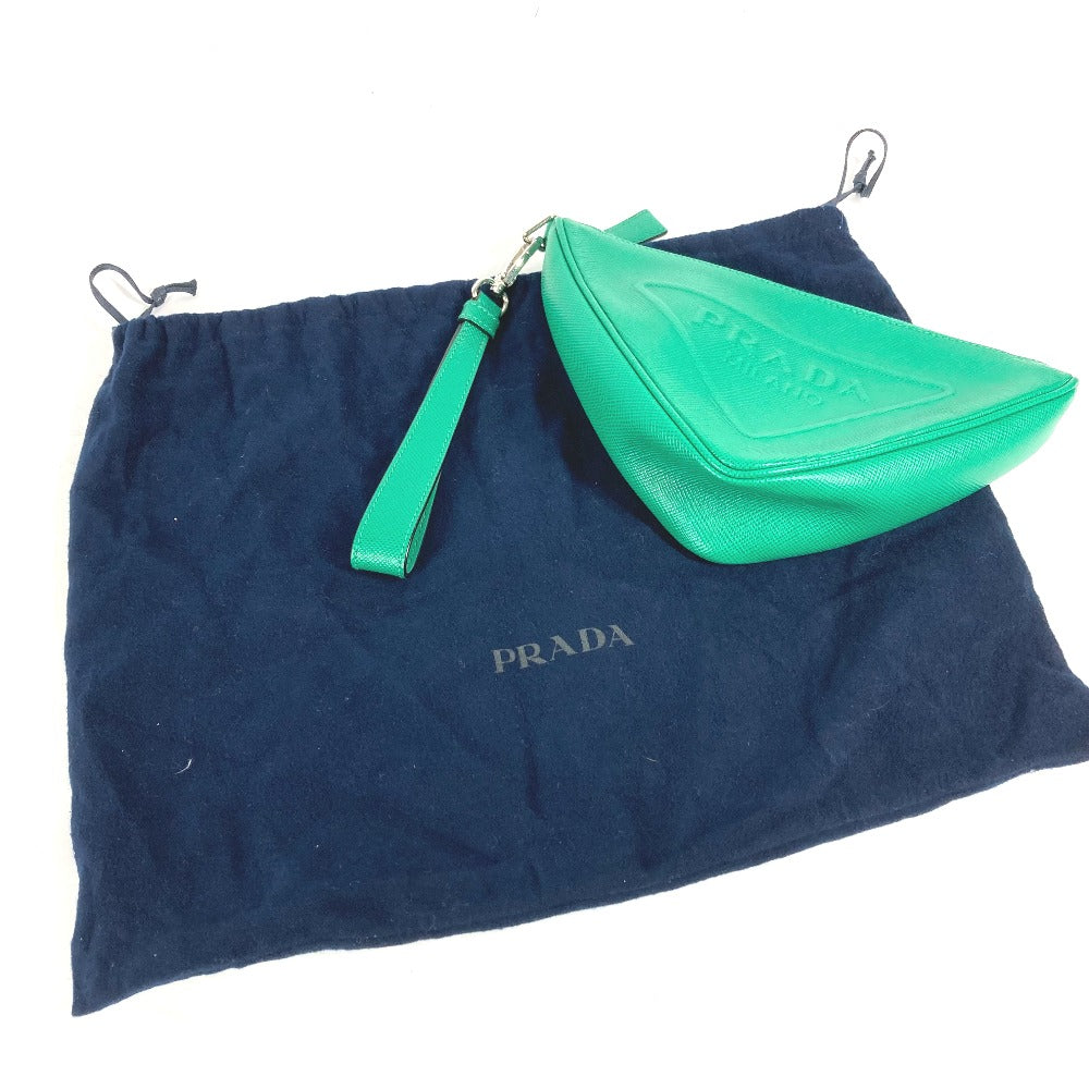 Prada Clutch Bag 2 Ne054 Safiano Leather Green Embossed Logo Triangle Logo Plate Mens Used Authentic