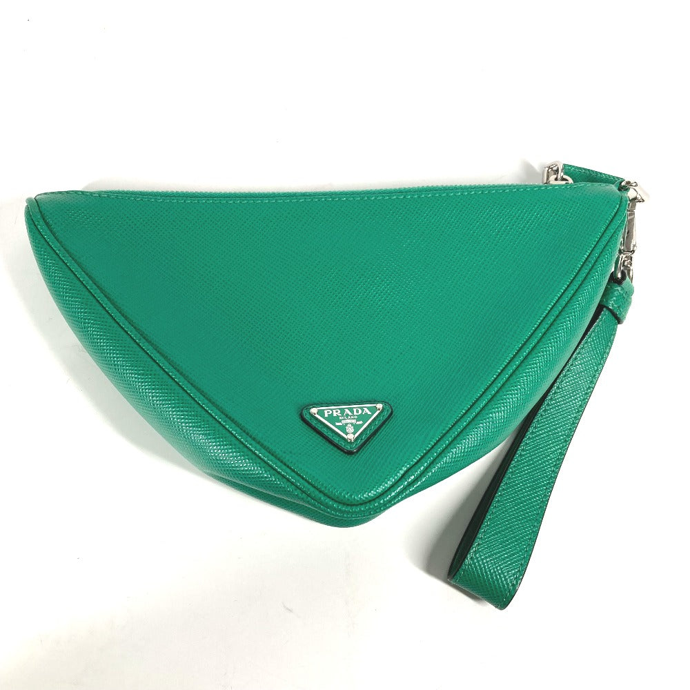 Prada Clutch Bag 2 Ne054 Safiano Leather Green Embossed Logo Triangle Logo Plate Mens Used Authentic