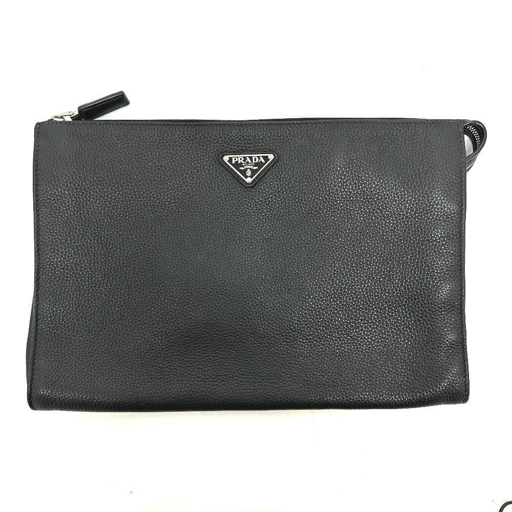 Prada Clutch Bag 2 Vn014 Leather Black Triangle Plate Mens Used Authentic