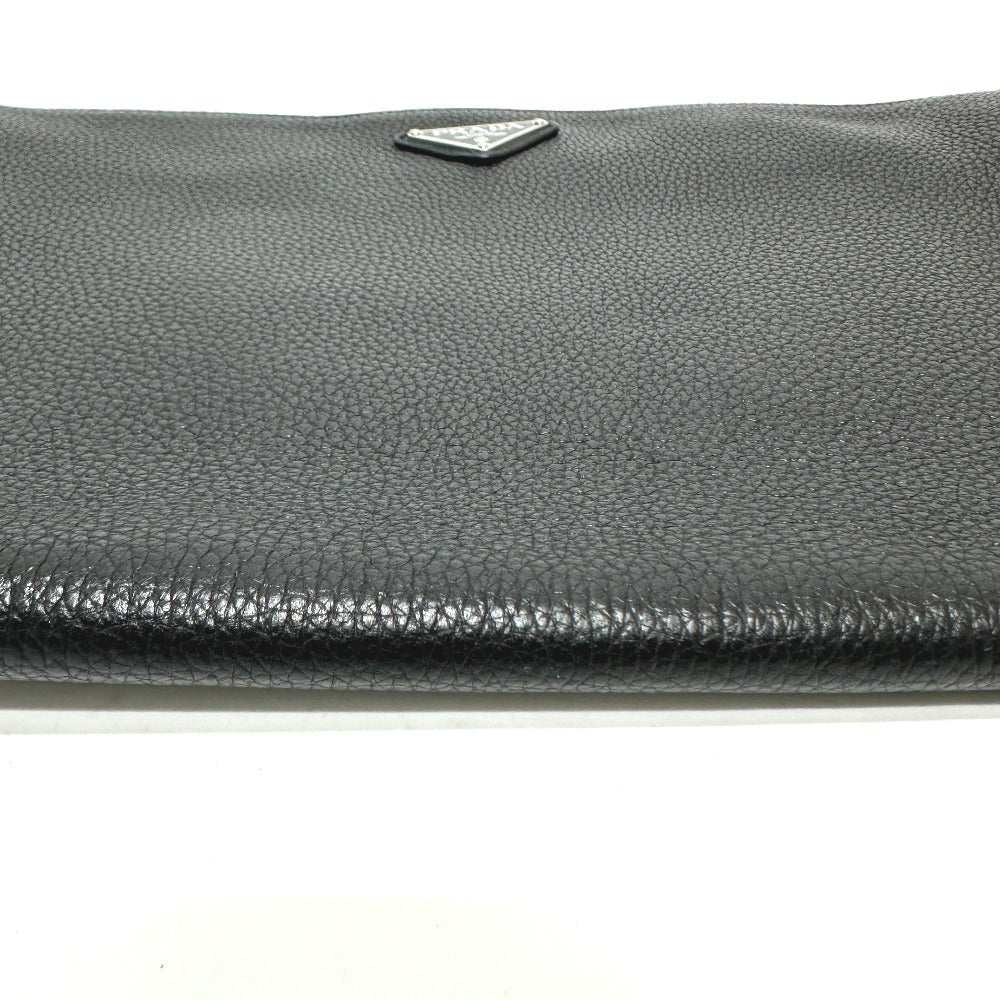 Prada Clutch Bag 2 Vn014 Leather Black Triangle Plate Mens Used Authentic