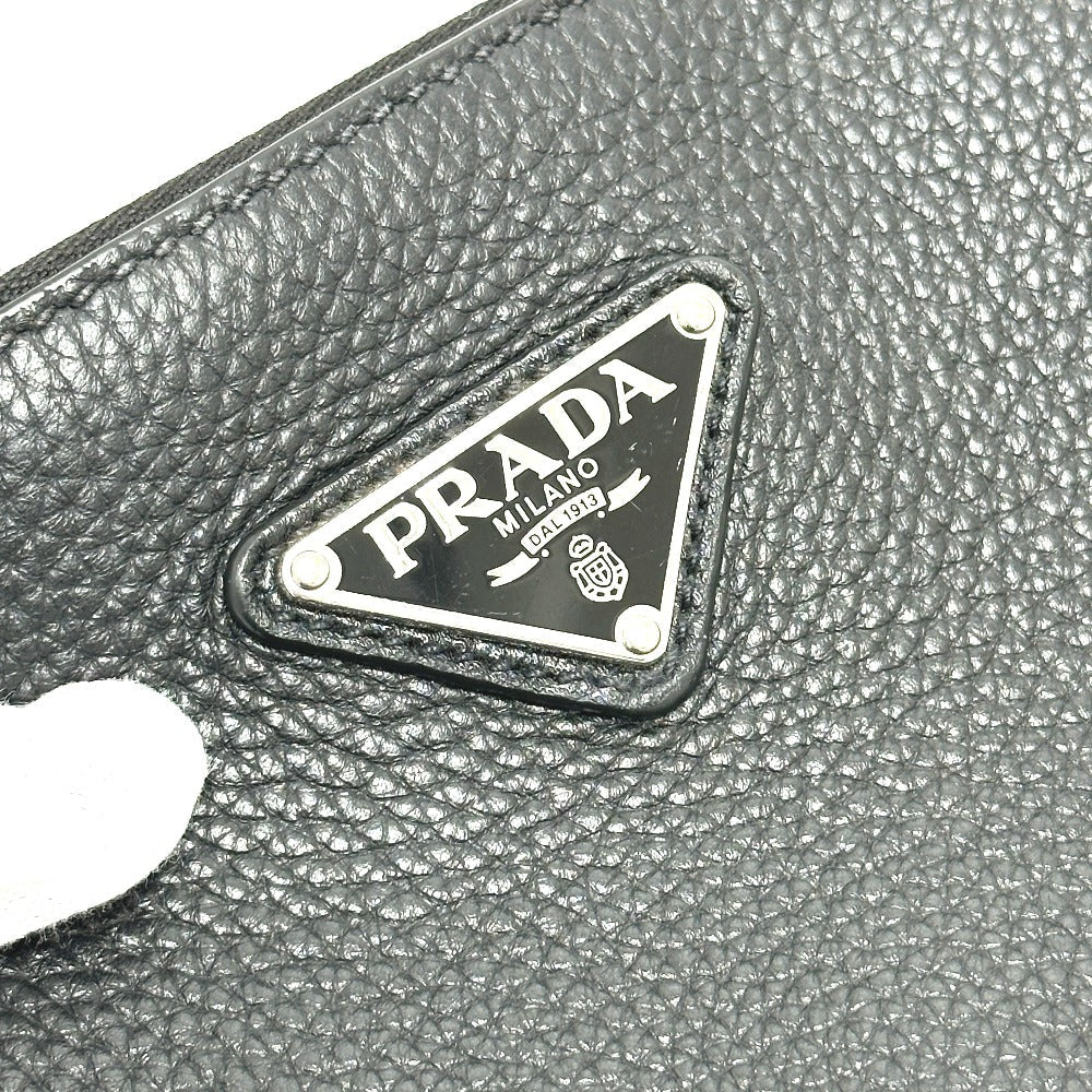 Prada Clutch Bag 2 Vn014 Leather Black Triangle Plate Mens Used Authentic