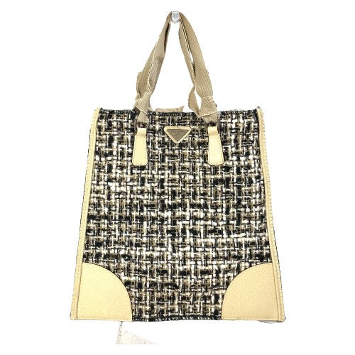 Prada Handbag B11268 Tweed, Leather Beige Triangle Logo Plate