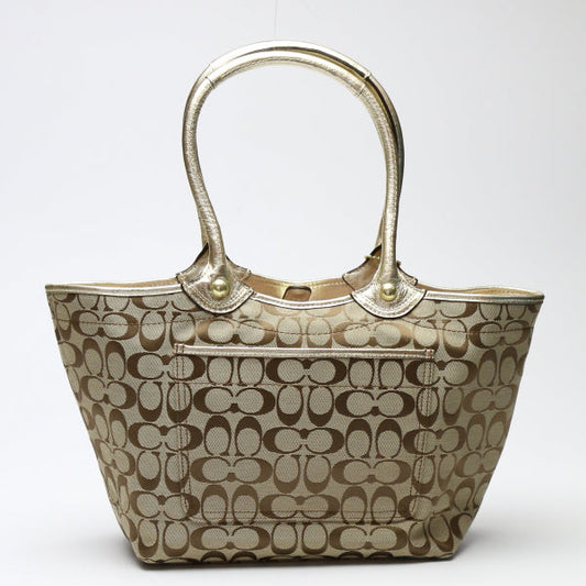 Coach Tote Bag F16276 Canvas Khaki X Gold Signature Shoulder Back Applique Women Used Authentic