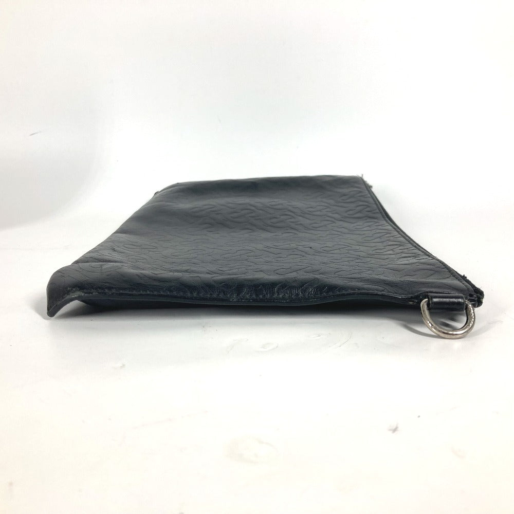 Burberry Clutch Bag Leather Black Tb Logo Mens Used Authentic