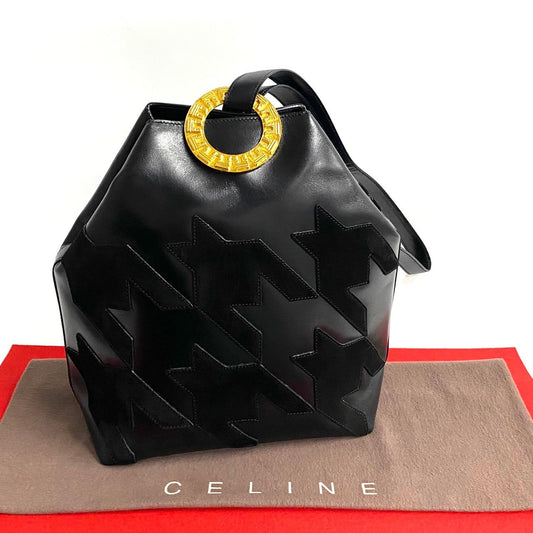 Celine Shoulder Bag Calfskin Black Arc De Triomphe Motif Circle Metal Women Used Authentic