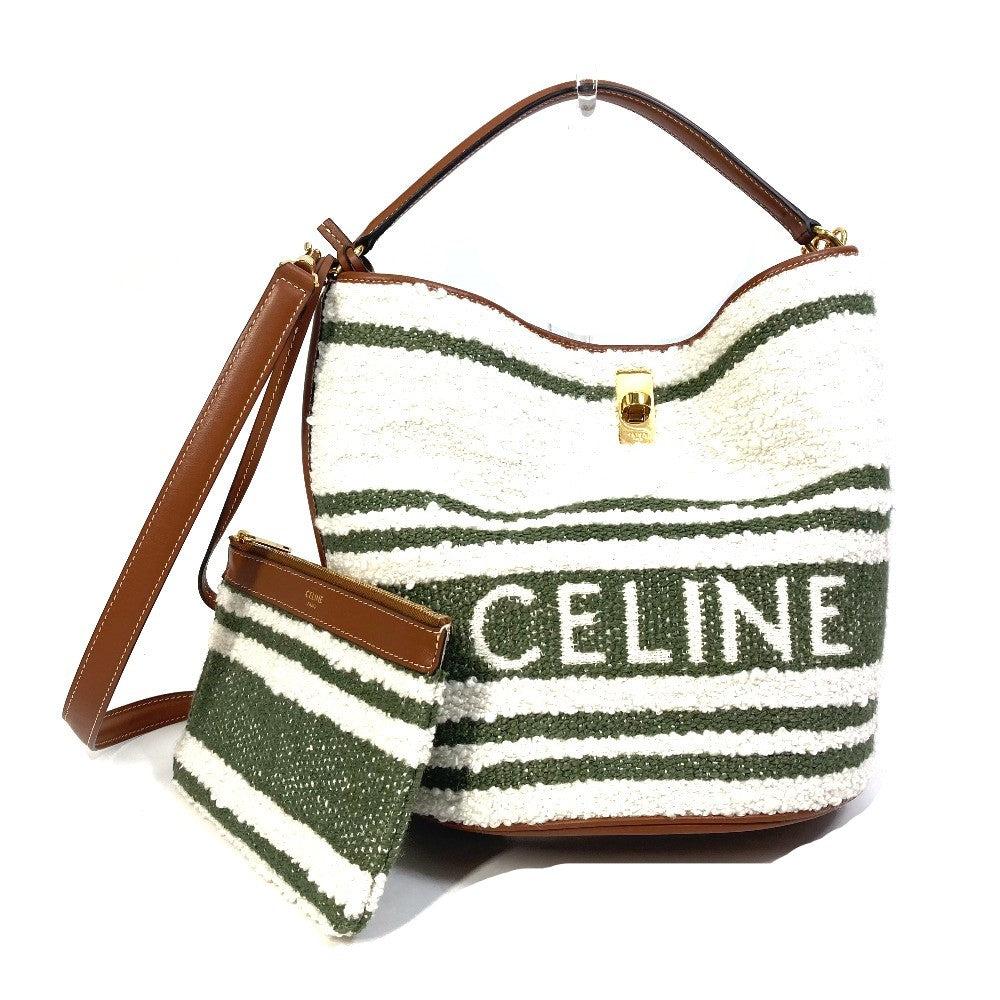 Celine Handbag 195572 Ed3 15 Kz Calfskin, Textile Border Bucket16 (Sez) Striped Textile Women Used Authentic