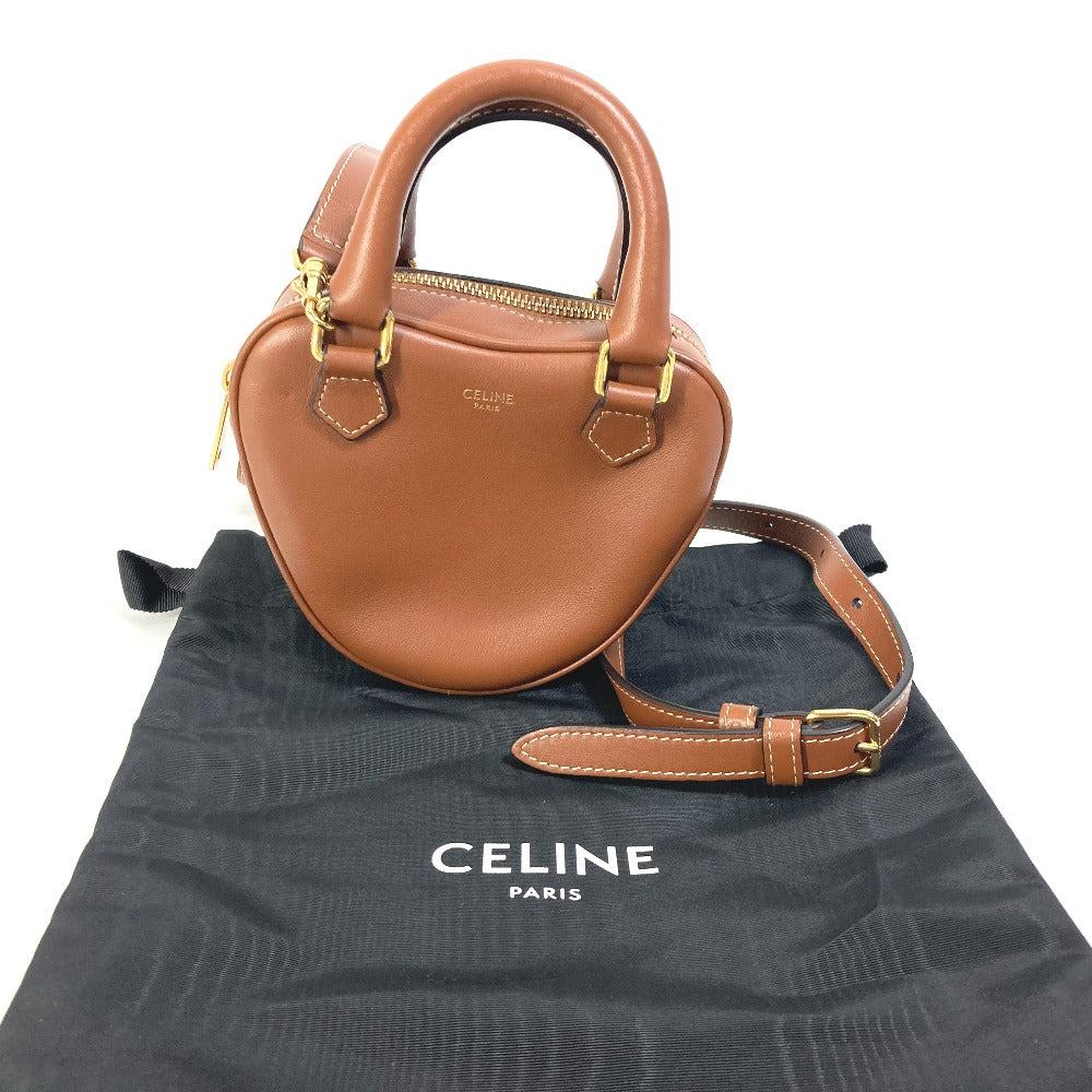 Celine Shoulder Bag Leather Brown Heart Medium Logo Women Used Authentic