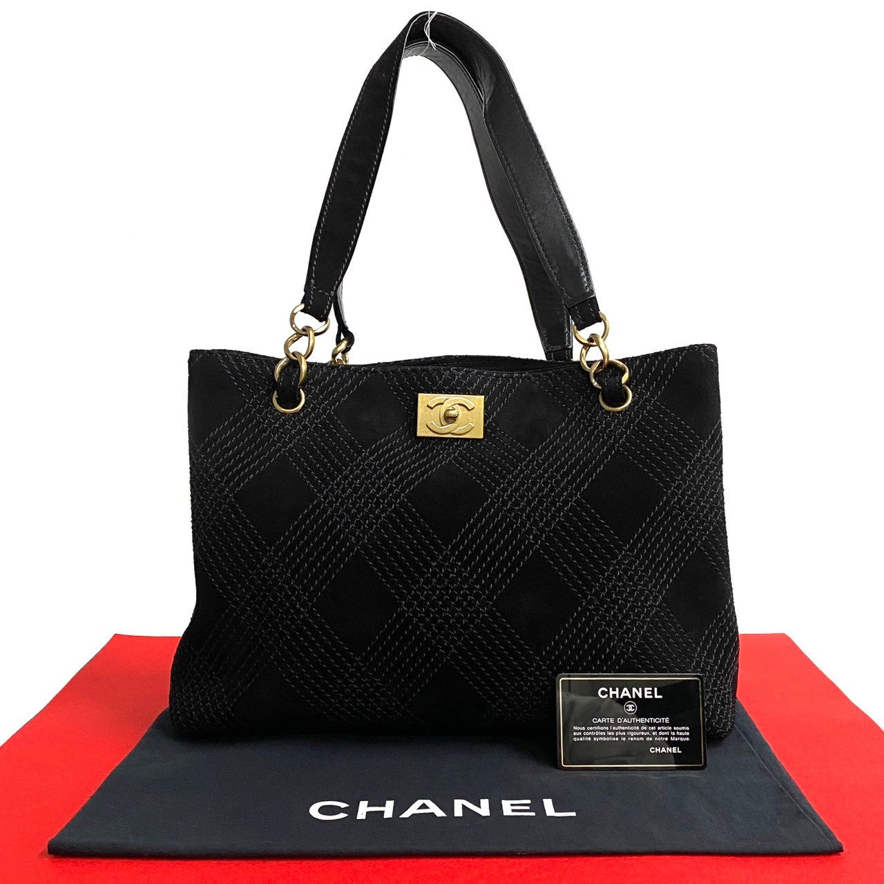 Chanel Tote Bag Suede Black Coco Mark Women Used Authentic