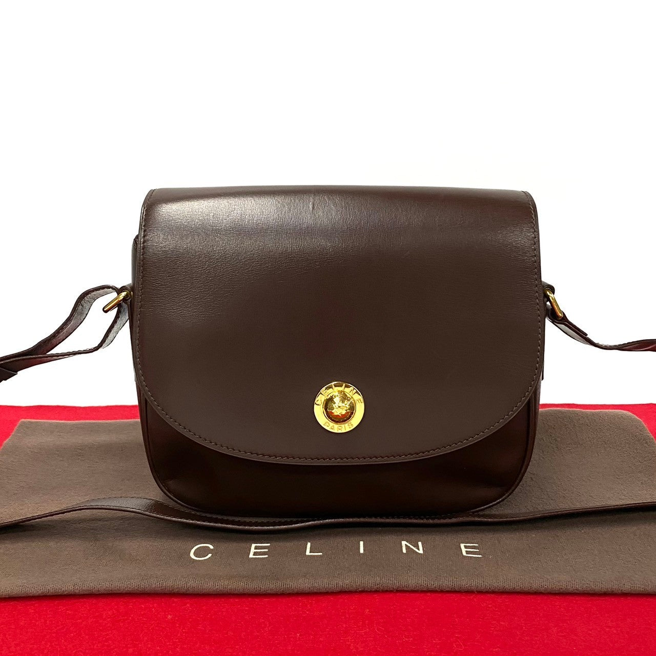 Celine Shoulder Bag Leather Brown Star Ball Logo Metal Women Used Authentic