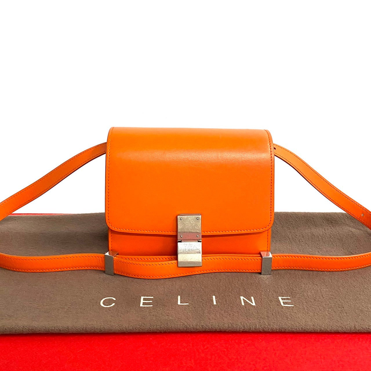 Celine Shoulder Bag Leather Orange Classic Box Women Used Authentic