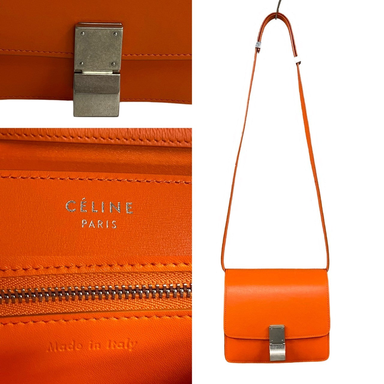 Celine Shoulder Bag Leather Orange Classic Box Women Used Authentic