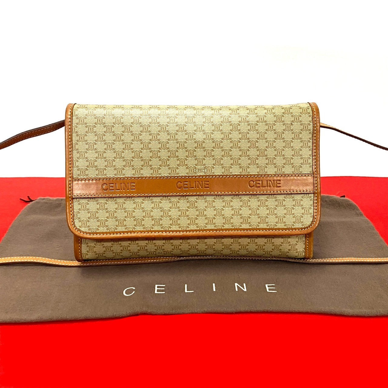 Celine Shoulder Bag Leather, Pvc Brown Macadam Blason Triomphe Pattern Women Used Authentic