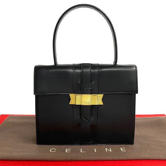 Celine Handbag Calfskin, Leather Black Ribbon Logo Metal Women Used Authentic