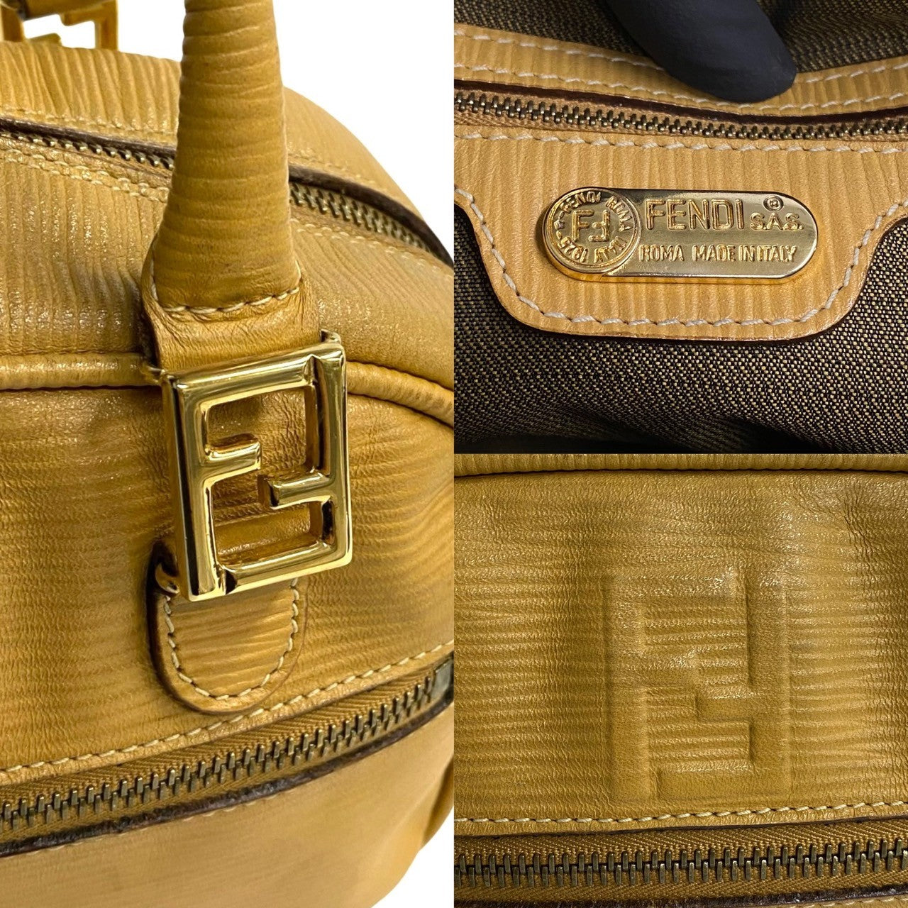 Fendi Handbag Leather Beige Ff Logo Metal Women Used Authentic