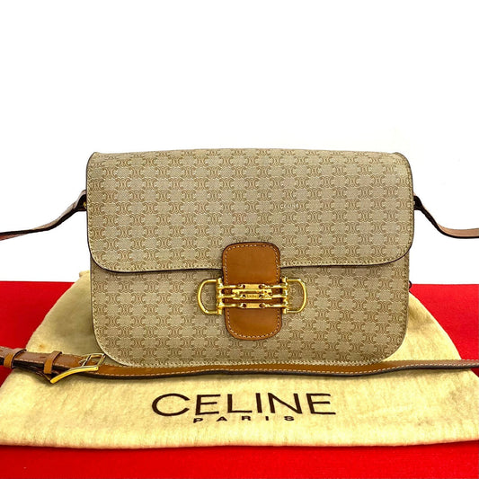 Celine Shoulder Bag Leather, Pvc Brown Macadam Blason Pattern Women Used Authentic