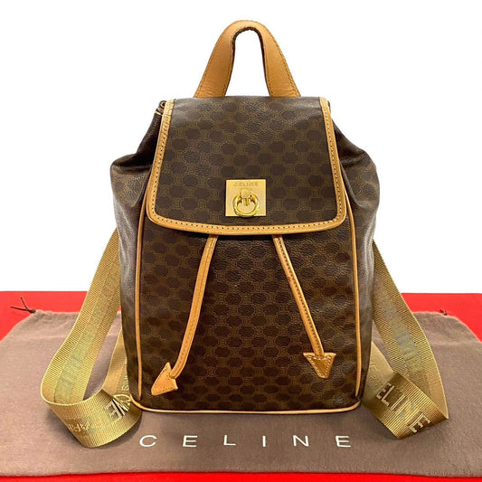 Celine Backpack Leather, Pvc Brown Macadam Blason Pattern Logo Ring Metal Women Used Authentic