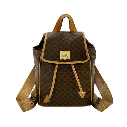 Celine Backpack Leather, Pvc Brown Macadam Blason Pattern Logo Ring Metal Women Used Authentic