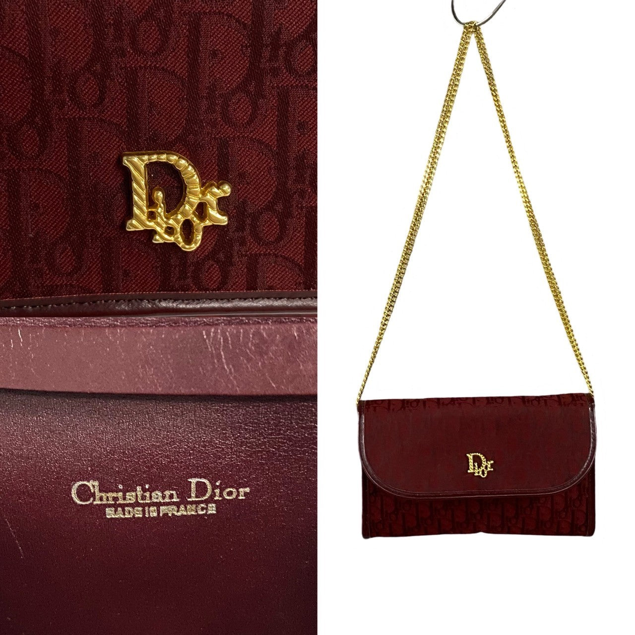 Christian Dior Shoulder Bag Leather, Gg Canvas Wine Red Trotter Pattern Logo Metal Women Used Authentic