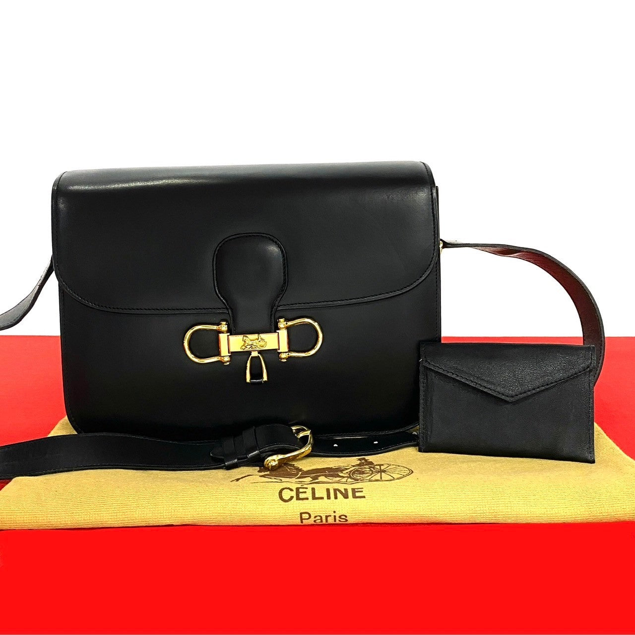 Celine Shoulder Bag Leather Black Carriage Metal Women Used Authentic