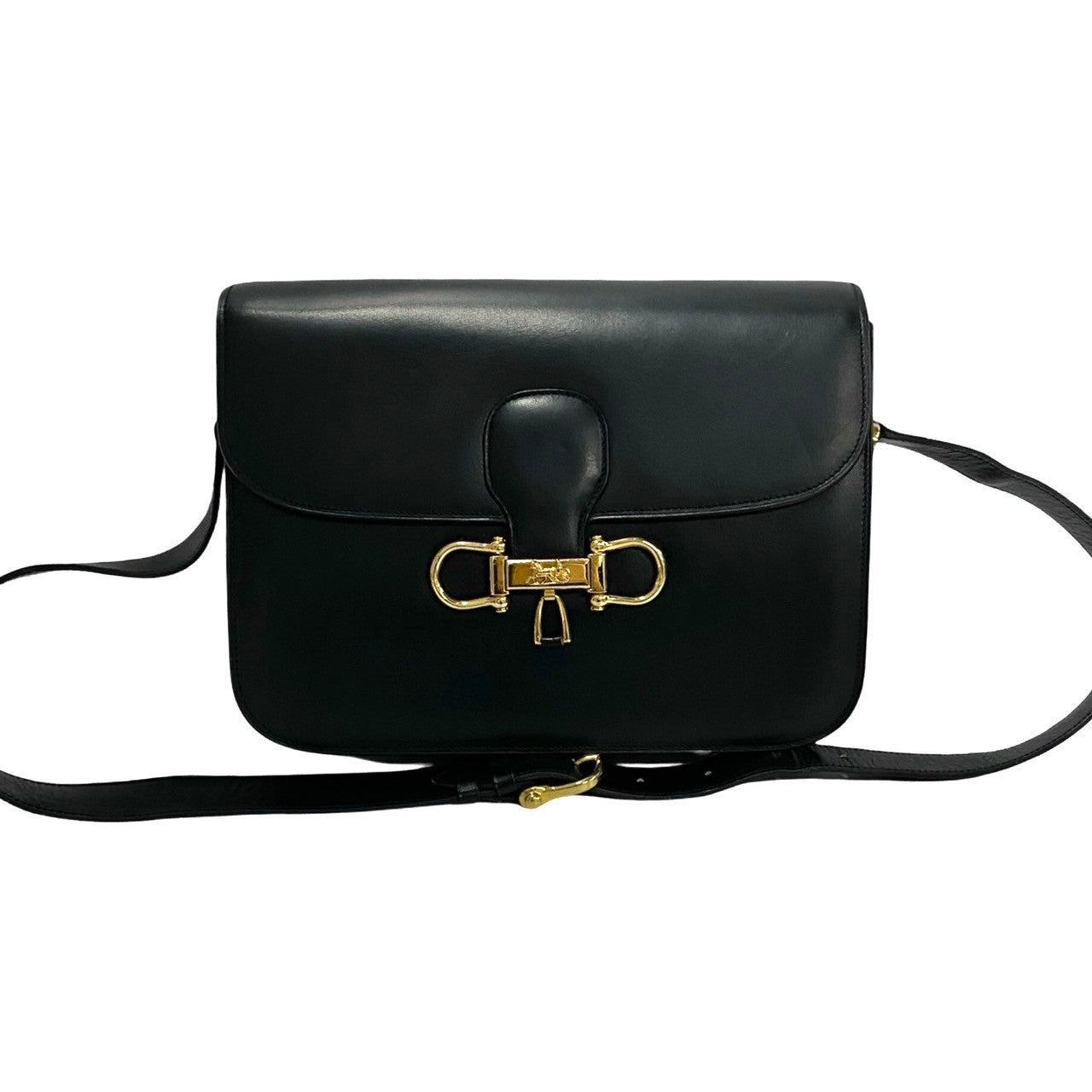 Celine Shoulder Bag Leather Black Carriage Metal Women Used Authentic