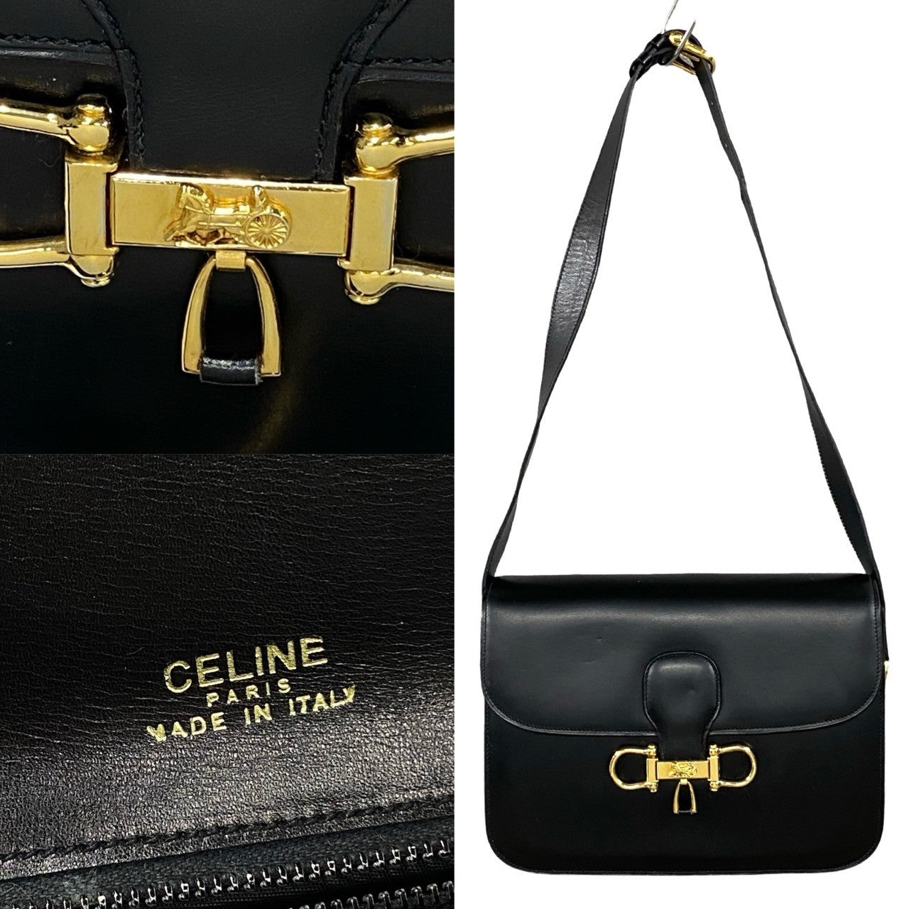 Celine Shoulder Bag Leather Black Carriage Metal Women Used Authentic